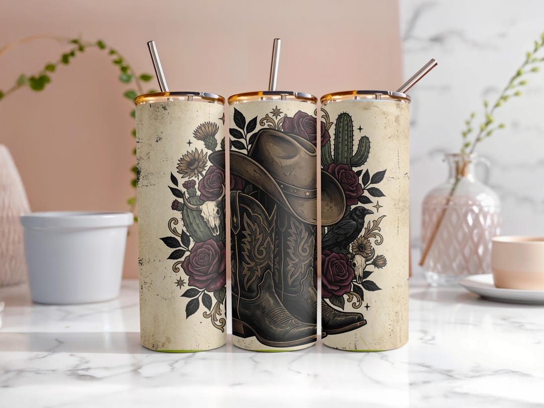 Western Cowboy Tumbler Wrap PNG Desert Boots Cowgirl Floral Sublimation ...