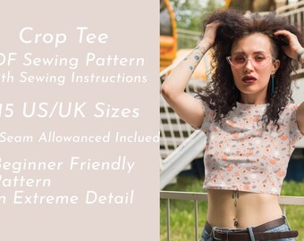 Crop Tee Kurzärmeliges digitales Schnittmuster PDF in 15 US/UK Größen mit Nähanleitung in extremen Details | Leicht zu folgen