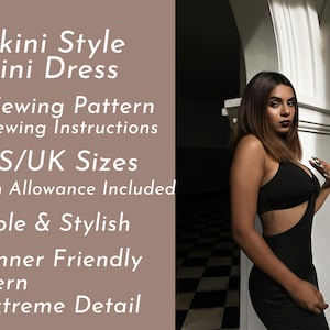 Może przedstawiać: Wzór szycia PDF do mini sukienki w stylu bikini. Wzór zawiera 9 rozmiarów US/UK i zapas na szwy 1 cm. Tekst na obrazku brzmi: "Bikini Style Mini Dress, PDF Sewing Pattern With Sewing Instructions, 9 US/UK Sizes, 1cm Seam Allowance Included, Simple & Stylish, Beginner Friendly Pattern, In Extreme Detail."
