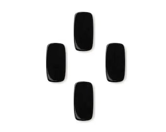 May include: Four glossy, black, rectangular objects arranged in a cross shape against a white background. Each object has rounded corners and a smooth, reflective surface, creating a minimalist aesthetic.