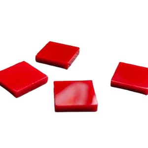May include: Four red square tiles, each with a smooth, glossy finish.