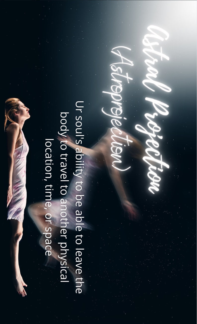 May include: A woman in a white dress with a floral pattern is floating in the air. The text "Astral Projection (Astroprojection)" is written in white neon letters. The text below reads "Ur soul's ability to be able to leave the body to travel to another physical location, time, or space."