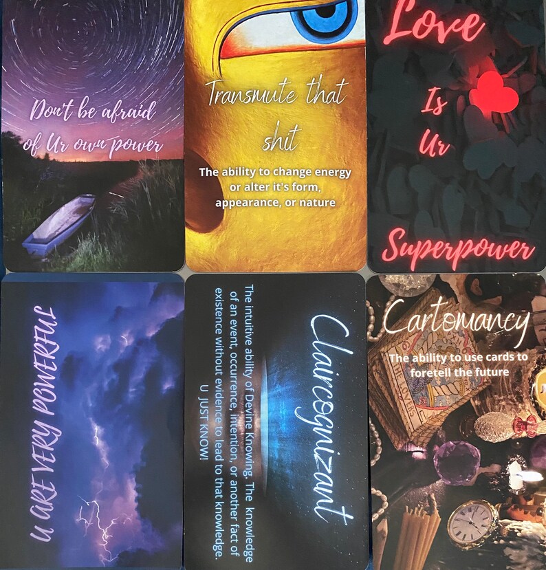 May include: Nine colorful cards with inspirational messages and images. The cards feature phrases like "Don't be afraid of your own power", "Transmute that shit", "Love is your superpower", "Claircognizant", and "Cartomancy".
