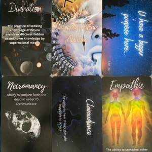 May include: Six tarot cards with black backgrounds and colorful images. The cards are titled "Divination", "Untapped Psychic Abilities", "I have a bigger purpose here", "Necromancy", "Clairaudience", and "Empathic".