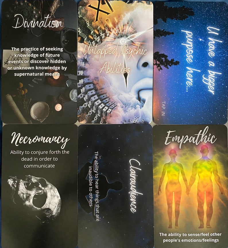 May include: Six tarot cards with black backgrounds and colorful images. The cards are titled "Divination", "Untapped Psychic Abilities", "I have a bigger purpose here", "Necromancy", "Clairaudience", and "Empathic".