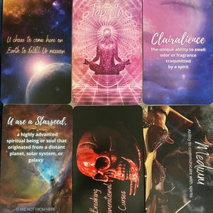 May include: A set of ten oracle cards with colorful backgrounds and text. The cards feature phrases like "U chose to come here on Earth to fulfill Ur mission", "Tap In", "U are a Starseed", "Breaking Generational Curses", "Clairalience", and "Medium".