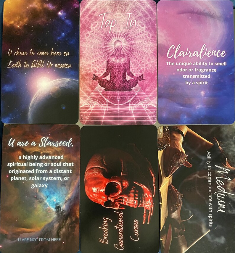 May include: A set of ten oracle cards with colorful backgrounds and text. The cards feature phrases like "U chose to come here on Earth to fulfill Ur mission", "Tap In", "U are a Starseed", "Breaking Generational Curses", "Clairalience", and "Medium".