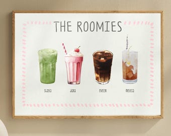 Personalized Roommates Cute Drinks Wall Art, Custom Non-Alcoholic Beverage Print for Roomies, Friends, Apartment, College Dorm Decor
