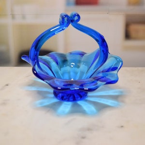 Vintage Italian split-handled blue art glass basket