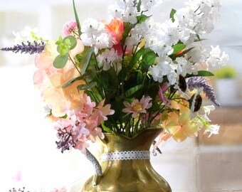 Vintage Brass Pitcher Vase: Faux Floral Bouquet, Ribbon & Lace