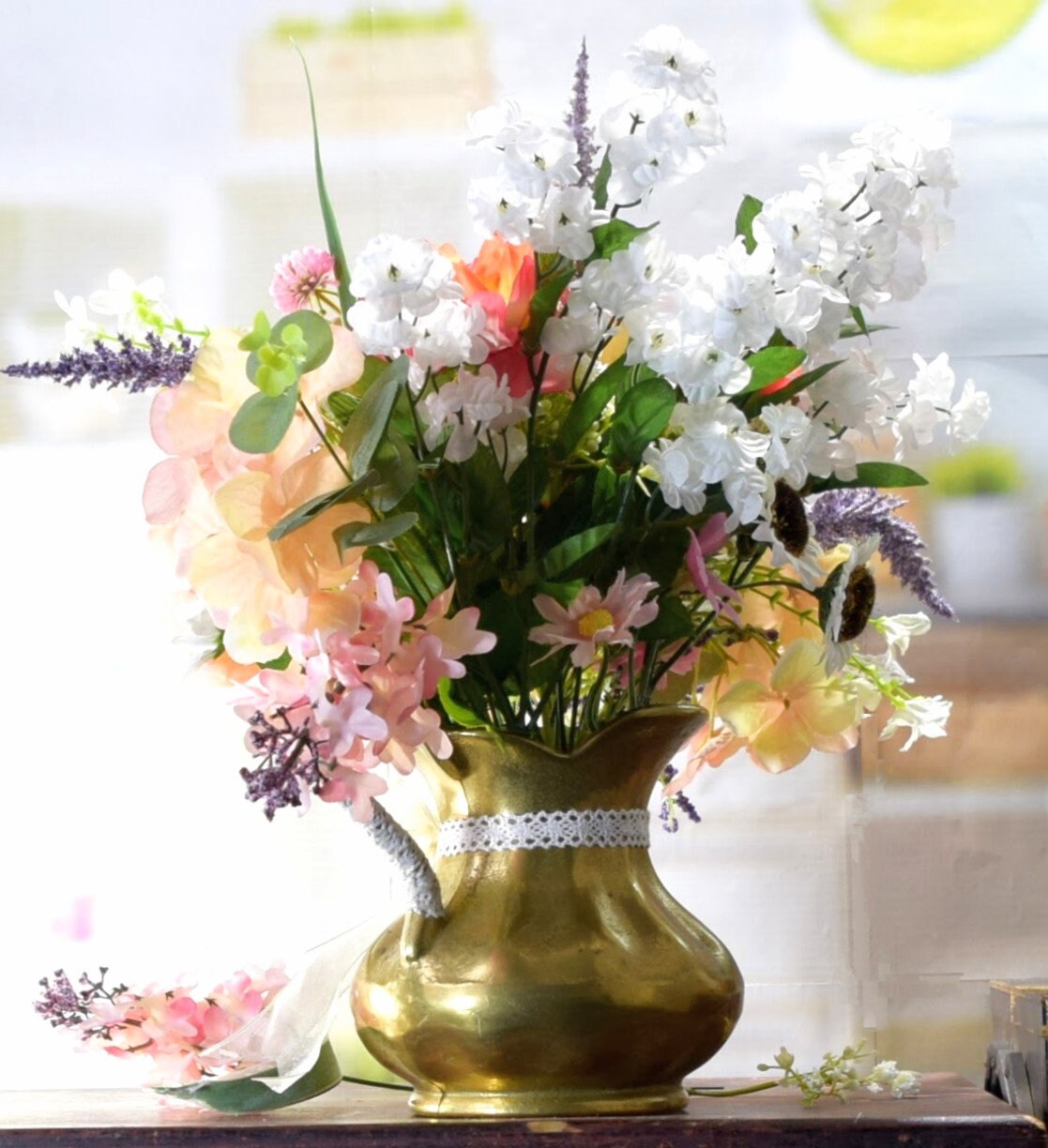 Vintage Brass Pitcher Vase: Faux Floral Bouquet, Ribbon & Lace