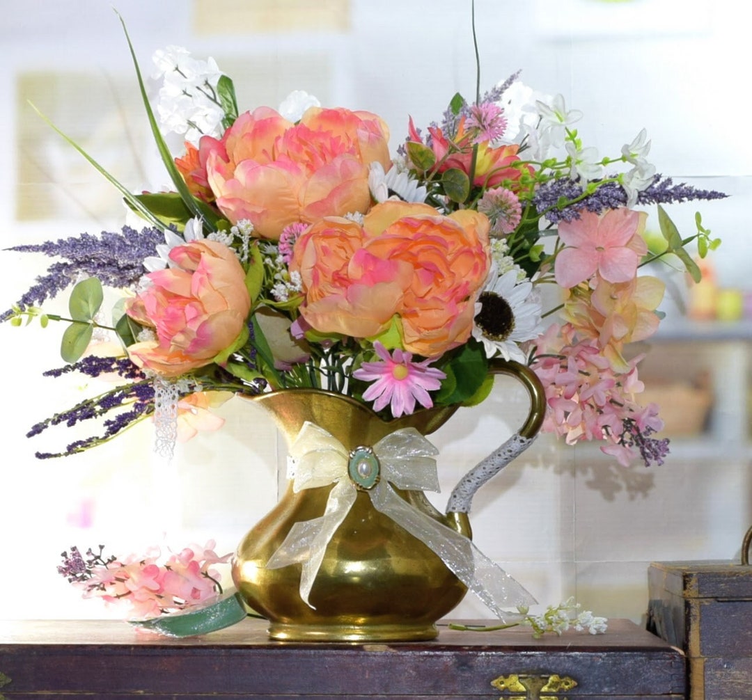 Vintage Brass Pitcher Vase: Faux Floral Bouquet, Ribbon & Lace