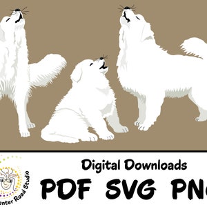 Ensemble d'illustrations des Grandes Pyrénées. Groupe de 3 - chiens hurlants/chantants - PDF, SVG, PNG