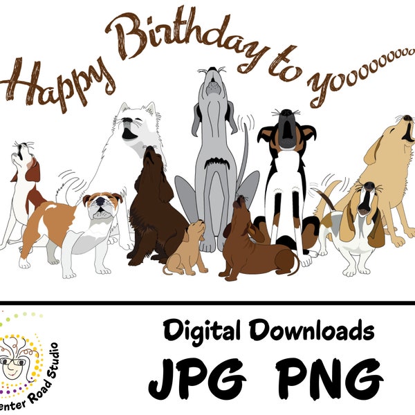 Howling Dogs Happy Birthday card to email or print, JPG and PNG