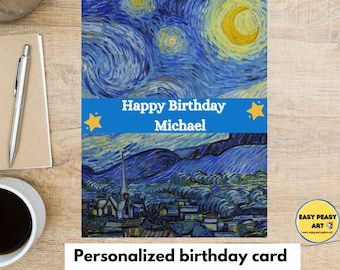 Sternennacht Geburtstagskarte, Vincent Van Gogh Karte digitaler Download, Kunstliebhaber Geburtstagskarte, Kunstlehrer Karte personalisiert