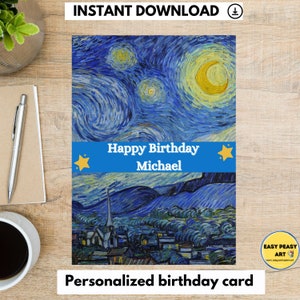 Tarjeta de cumpleaños personalizada de la Noche estrellada, tarjeta de Vincent Van Gogh con descarga digital, tarjeta de cumpleaños para amantes del arte, tarjeta personalizada para profesores de arte