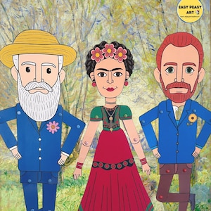 May include: Three paper dolls of famous artists: Vincent van Gogh, Frida Kahlo, and Pablo Picasso. The dolls are dressed in their signature styles and have movable arms and legs. The background is a colourful abstract painting.