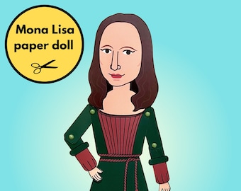 May include: A printable paper doll of Mona Lisa, a famous painting by Leonardo da Vinci. The doll is dressed in a green dress with a red bodice and a rope belt. The doll has brown hair and a neutral expression.
