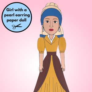 Gelede kunstpop, meisje met de parel Paper Doll, beroemde schilderijen afdrukbare, kunst gelede pop, kunstgeschiedenis digitale papieren pop, afdrukbare beroemde schilderijen