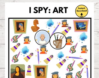 I spy art printable, Look and find art activity sheet, I spy for kids, Art look and find, Seek and find art , Art road trip printable