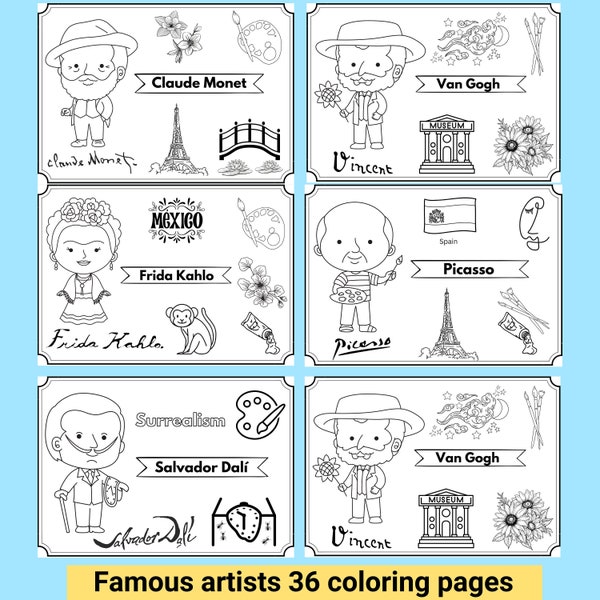 Famous Artists Coloring pages, Art History for Kids, Montessori Famous Artists Activity, Coloring Pages Famous Artists, Frida Kahlo Pages