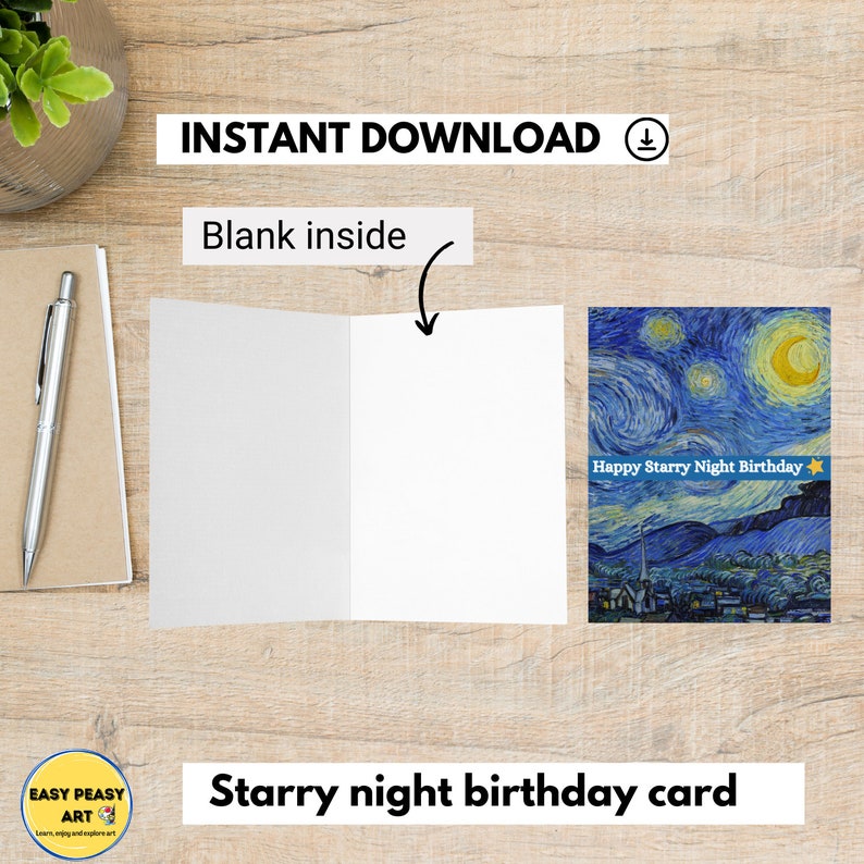 Vincent Van Gogh Birthday Card, Starry Night Card Digital Download