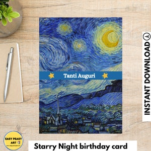 Tarjeta Tanti Auguri, Buon Compleanno, Tarjeta de cumpleaños en italiano, Tarjeta de felicitación de noche estrellada Tanti Auguri, Tarjeta ilustrada de feliz cumpleaños