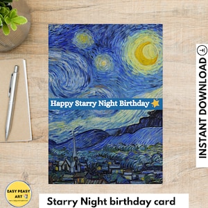 Tarjeta de cumpleaños de Vincent Van Gogh, tarjeta de noche estrellada con descarga digital, tarjeta de cumpleaños de noche estrellada, tarjeta de cumpleaños de artista, tarjeta de profesor de arte