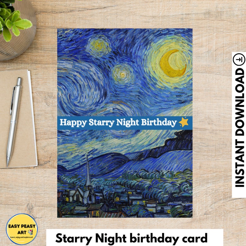 Vincent Van Gogh Birthday Card, Starry Night Card Digital Download