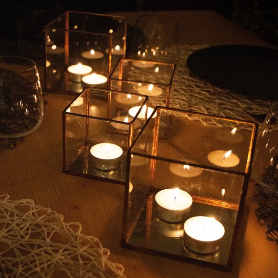Glass Cube Candle Holder With Mirror Base Wedding Decoration Etsy