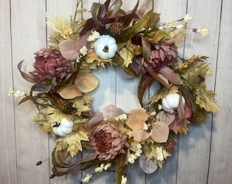Fall Wreath with White Pumpkins, Autumn Door Decor