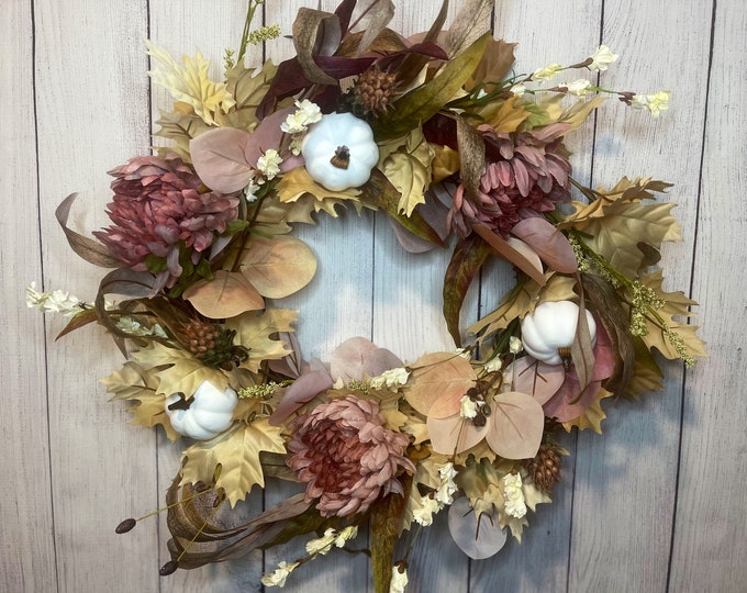Fall Wreath with Pumpkins, Autumn Wreath, Fall Wreath White Pumpkins, Autumn Door Wreath Pumpkins, White Wreath Pumpkins, Front Door Wreath
