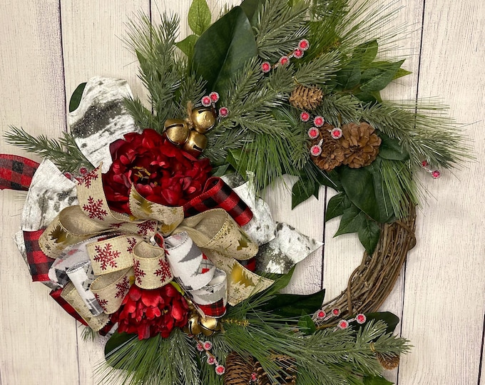 Christmas Grapevine Wreath for Front Door, Winter Grapevine Wreath with Bow, Christmas Pine Wreath, Winter Grapevine Wreath,Holiday Decor