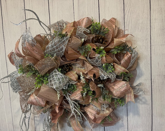 Rose Gold Rustic Glam, Rose Gold Mesh Wreath, Rustic Glam Wreath for Valentine’s, Wreath for Door, Holiday Wreath, Mesh Wreath for Holiday