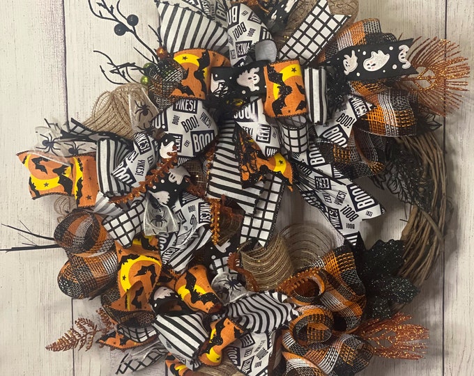 Glam Halloween Wreath for Front Door, Halloween Black and Orange Natural Grapevine Wreath, Halloween Decor, Spooky Glam Wreath, Halloween