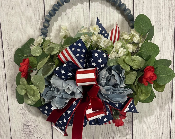Beaded Floral Patriotic Summer Hoop Wreath for Front Door, Fourth of July Wreath, Rose Wreath, Fourth of July Home Decor