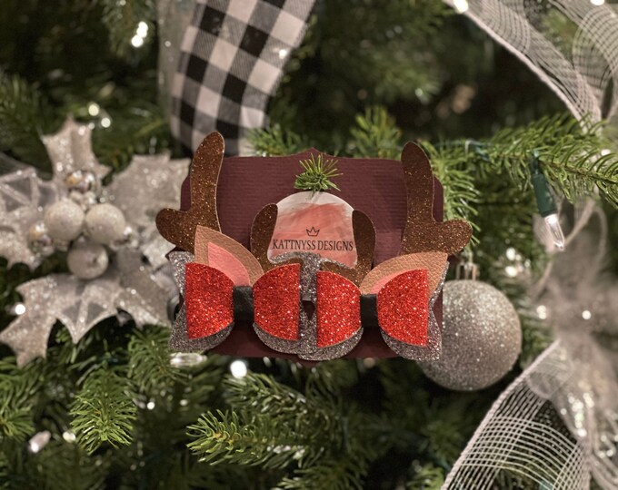 Reindeer Hair Bow Sets, Hair Clip Set, Antler Bow Clips, Toddler Bow Set, Hair Clips, Hair Accessories, Christmas Bow Set, Faux Leather Bow