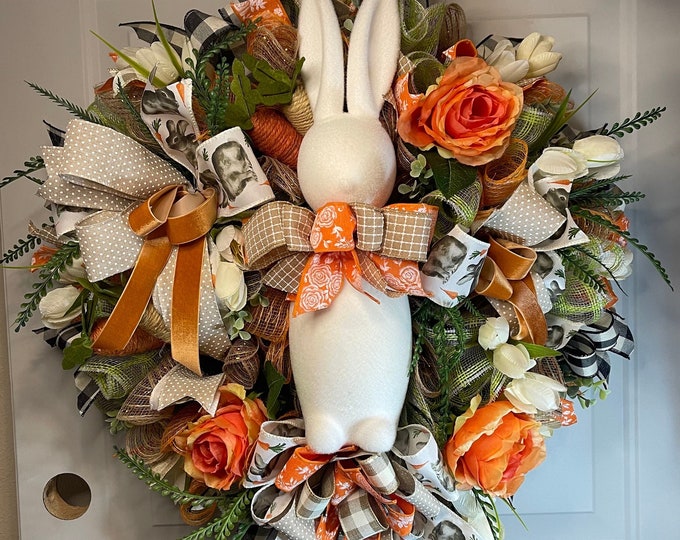 Easter Spring Front Door Wreath, Easter Mesh Wreath, Easter Deco Mesh Wreath with Bunny, Mesh and Ribbon Wreath, Spring Wreath,Floral Wreath