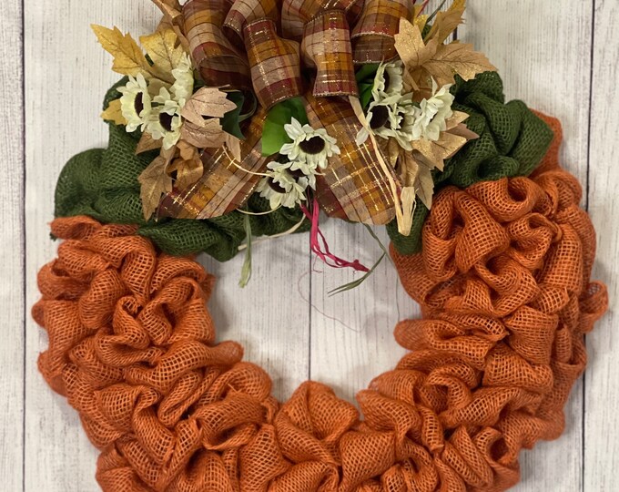 Pumpkin Wreath, Burlap Pumpkin Wreath, Autumn Wreath, Fall Wreath, Orange Wreath, Thanksgiving Wreath, Halloween Wreath, Front Door Wreath