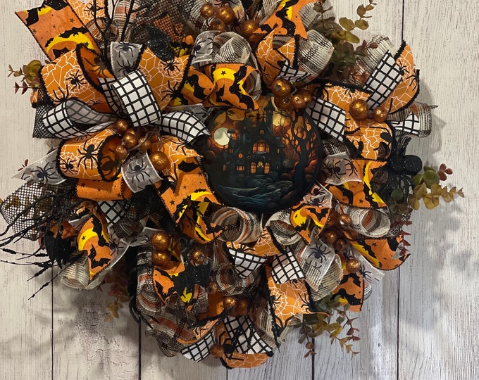 Halloween Bat Wreath, Holiday Wreath Halloween, Glam Halloween Wreath, Unique Halloween Wreath, Halloween, Halloween Mesh and Ribbon Wreath