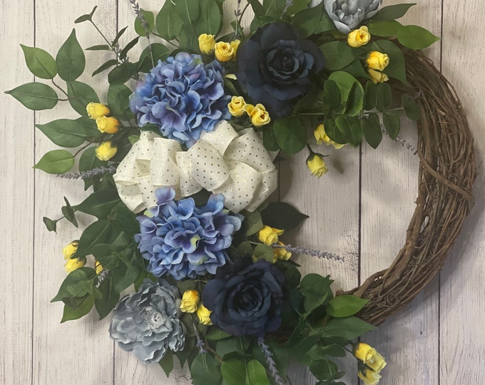 Hydrangea and Rose Grapevine Wreath for Front Door, Floral Spring and Summer Wreath, Nursery and Home Decor, Indoor/outdoor Floral Decor
