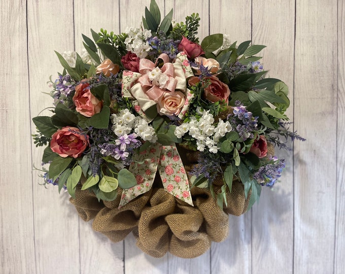Spring Farmhouse Wreath, Elegant Farmhouse Wreath, Wreath for Front Door, Front Door Wreath, Spring Wreath, Farmhouse Wreath, Floral Burlap