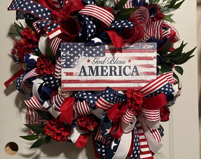 Patriotic Wreath, Patriotic Decor, Patriotic Wreath for Front Door, Memorial Day Evergreen Wreath, Fourth of July Wreath, Holiday Wreath