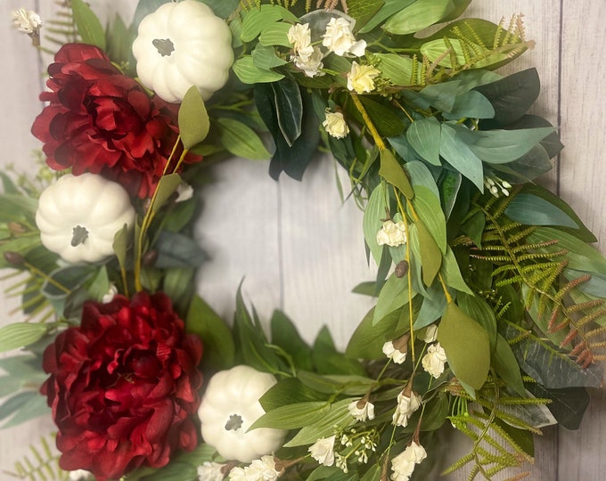 Pumpkin Peony Wreath, Peony Pumpkin Wreath, Autumn Wreath With Pumpkin, Autumn Wreaths Pumpkins, Decorative Pumpkin Wreaths, Peony Wreaths