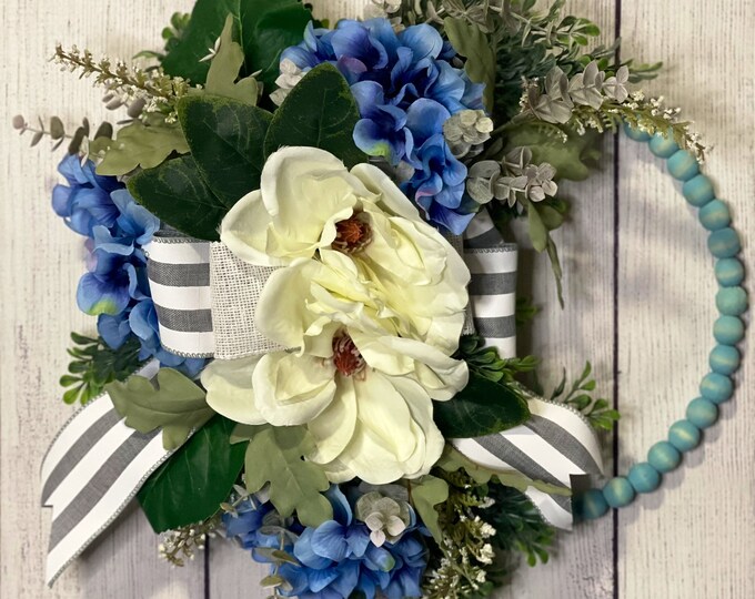 Beaded Wreath, Magnolia Wreath, Beaded Hoop Wreath, Kitchen Wreath, Floral Beaded Wreath, Beaded Wreath for Door, Beaded Wreath Wood, Wreath