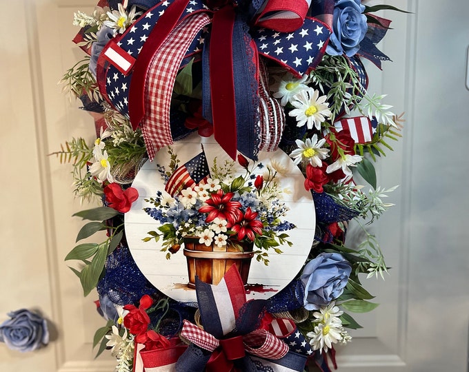 Patriotic Wreath - Handmade Red, White, and Blue Floral Door Decoration