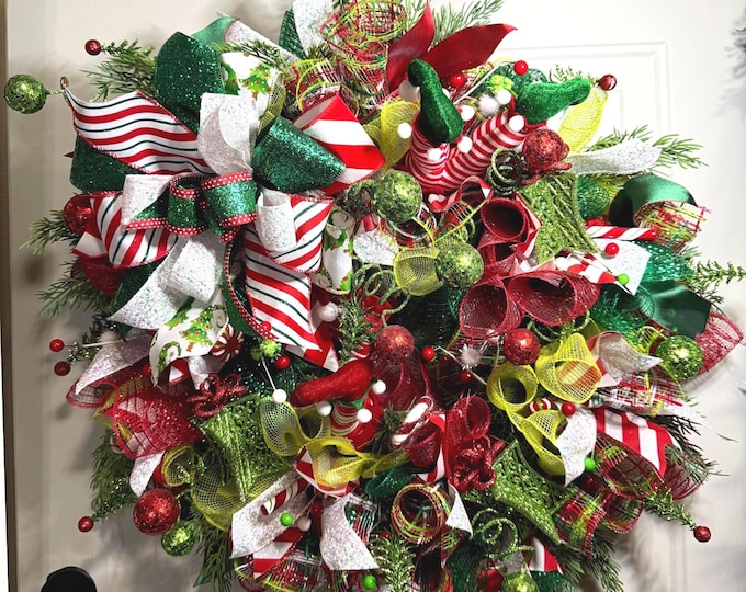 Whimsical Elf Leg Christmas Wreath, Holiday Home Decor