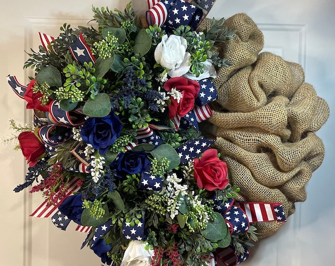 Patriotic Fourth of July Memorial Day Burlap Floral Wreath For Front Door