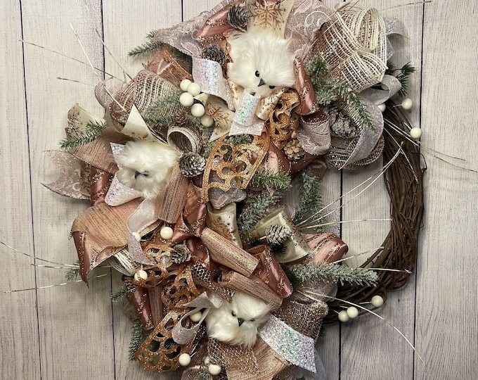 Rose Gold Wreath with Bow, Holiday Wreath Owl, Owl Pinecone Wreath, Winter Wreath with Owls, Owl Wreath Christmas, Woodland Owl Wreath