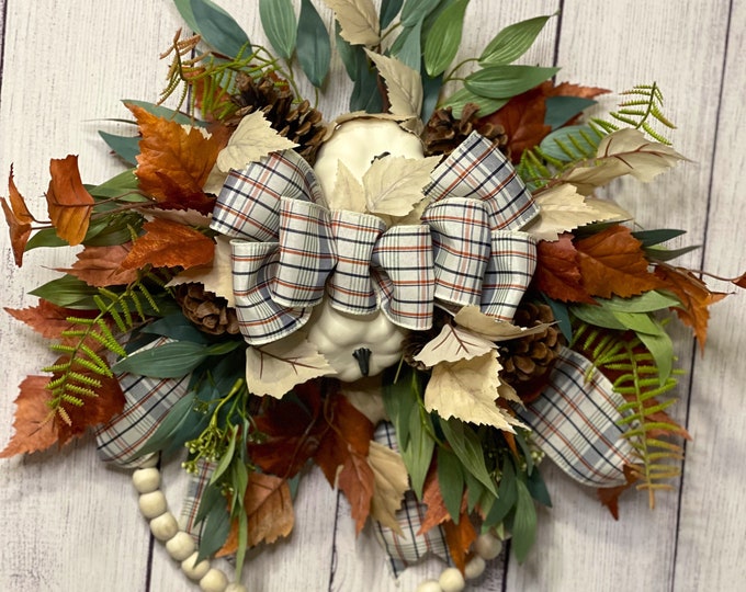 Beaded Hoop Pumpkin Fall Wreath, Natural Hoop Pumpkin Wreath for Fall, Hoop Wreath with White Pumpkins, Fall Wreath for Front Door